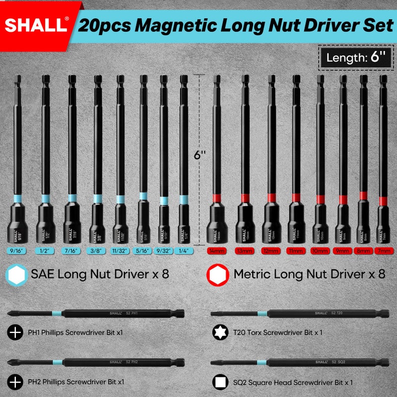 SHALL 20PCS Magnetic Nut Driver Set, 6â€ Long Nut Drivers for Impact Drill, SAE & Metric 1/4â€ Hex Shank Nut Driver Bit & Impact Drill Driver Bit w/Power Screwdriver Bits PH1/PH2/SQ2/T20, Storage Bag - Image 2