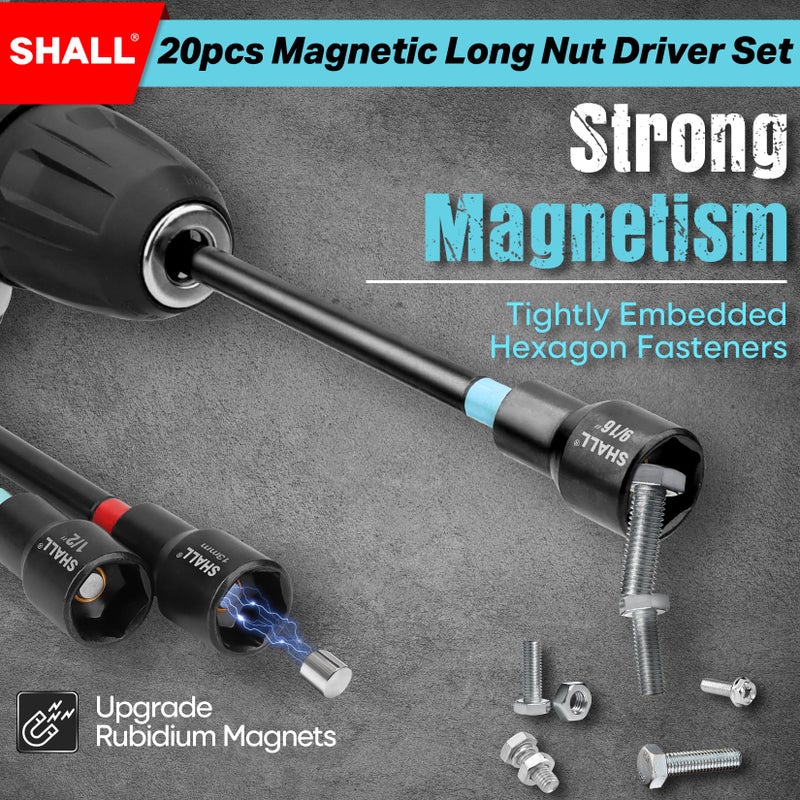 SHALL 20PCS Magnetic Nut Driver Set, 6â€ Long Nut Drivers for Impact Drill, SAE & Metric 1/4â€ Hex Shank Nut Driver Bit & Impact Drill Driver Bit w/Power Screwdriver Bits PH1/PH2/SQ2/T20, Storage Bag - Image 3