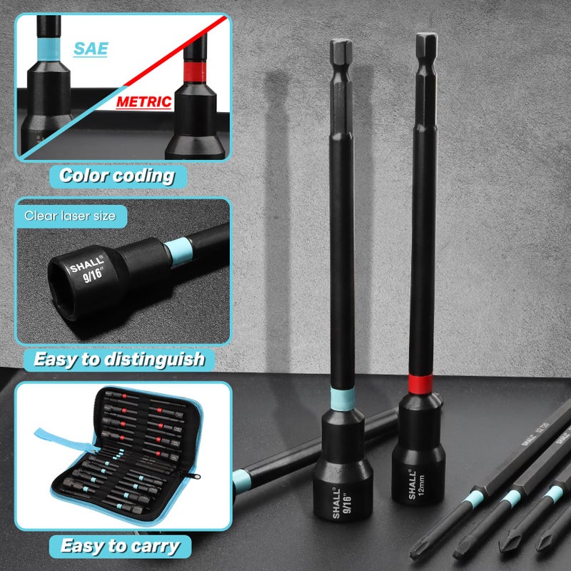 SHALL 20PCS Magnetic Nut Driver Set, 6â€ Long Nut Drivers for Impact Drill, SAE & Metric 1/4â€ Hex Shank Nut Driver Bit & Impact Drill Driver Bit w/Power Screwdriver Bits PH1/PH2/SQ2/T20, Storage Bag - Image 5
