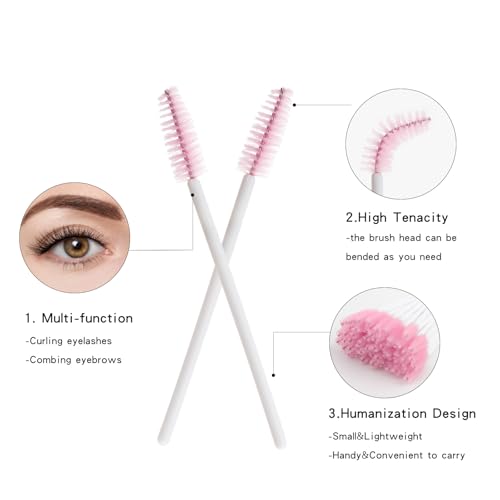 Mekupeu 300 Pcs Disposable Mascara Wands,Eyelash Brushes,Spoolie Brush for Eyelash Extensions Makeup Applicator Tool Bulk, White/Pink - Image 4