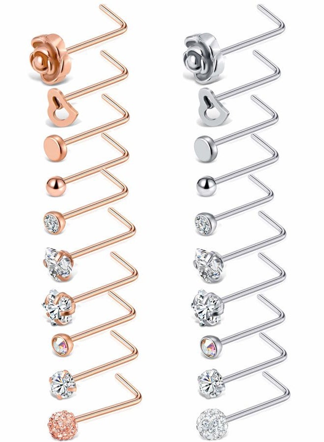 Tornito 20G 20Pcs Stainless Steel Nose Bone L Shaped Screw Studs Rings CZ Nose Ring Labret Nose Piercing Jewelry for Men Women (A1:20Pcs), Metal, cubic-zirconia - Image 1