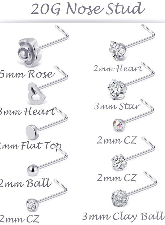 Tornito 20G 20Pcs Stainless Steel Nose Bone L Shaped Screw Studs Rings CZ Nose Ring Labret Nose Piercing Jewelry for Men Women (A1:20Pcs), Metal, cubic-zirconia - Image 3