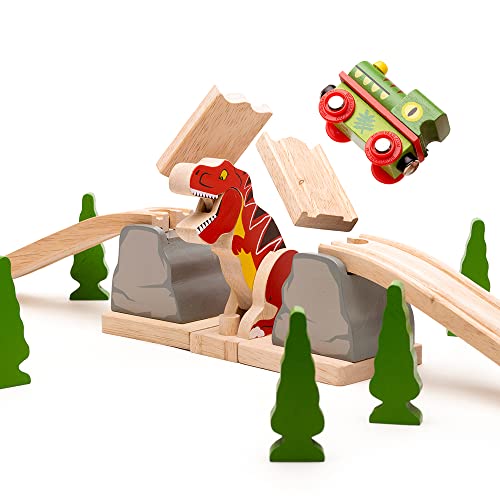 Bigjigs Rail TRex Bursting Bridge Wooden Toys Dinosaur Toys Bigjigs Train Accessories Dinosaur Track Wooden Train Sets Trains for Kids Bigjigs Trains - Image 1