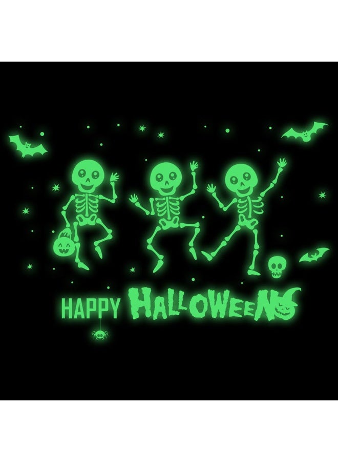 ECVV Halloween Luminous Stickers Happy Halloween Skeleton Night Glow Decals Glow In The Dark Wall Decal Cute Skull Self-Adhesive Wall Stickers For Home Office Halloween Decorations  - Image 1