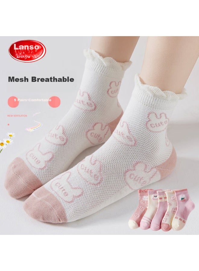 روني Langsha جوارب أطفال، جوارب صيفية رقيقة شبكية للبنات، جوارب منتصف الساق للأطفال المتوسطين والكبار، جوارب طلابية، 5 أزواج، زهرية النقش، 2XL - Image 1