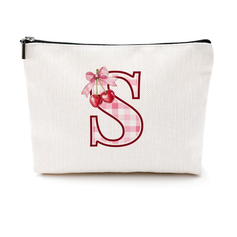 CQM Initial Makeup Bag Monogram Cosmetic Bag Monogrammed Gifts for Women Girls Friends Coworker Colleague Personalized Travel Toiletry Bag Christmas Bridal Shower Wedding Bridesmaid Gifts, Cherry S - Image 1