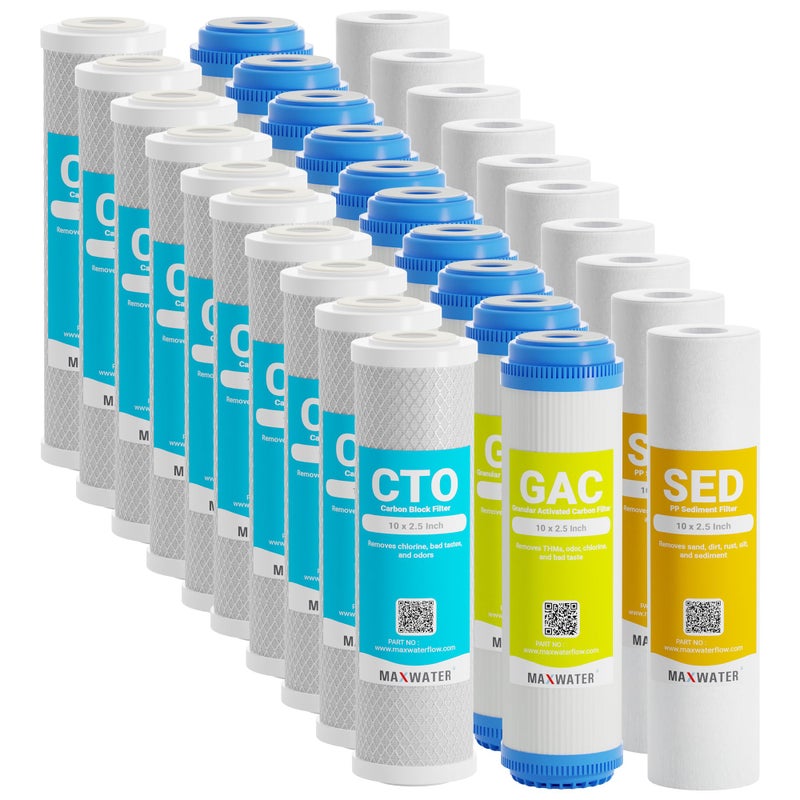 Max Water Max Water 5 Micron Replacement 10 x 25 inch Filter Cartridge Set For Standard RO  Reverse Osmosis Water Filter Systems  PP Sediment GAC  CTO  Compatible with AP110 WHKFGD05 WHKFWHWC GAC10 