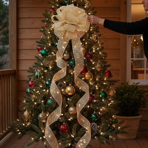 CT CRAFT LLC Sparkling Glitter Mesh Wired Ribbon 2.5" x 10 Yards Champagne Gold for Christmas Home Decor Bow Gift Wrapping DIY Crafts Wreath - Image 2