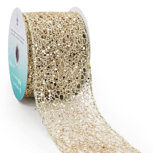 CT CRAFT LLC Sparkling Glitter Mesh Wired Ribbon 2.5" x 10 Yards Champagne Gold for Christmas Home Decor Bow Gift Wrapping DIY Crafts Wreath - Image 1
