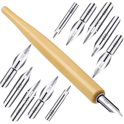 11 Pieces Comic Pen Nib Set G Ink Pen Nib Stainless Steel Drawing Calligraphy with Wooden Holder for Writing Painting SigningWhite