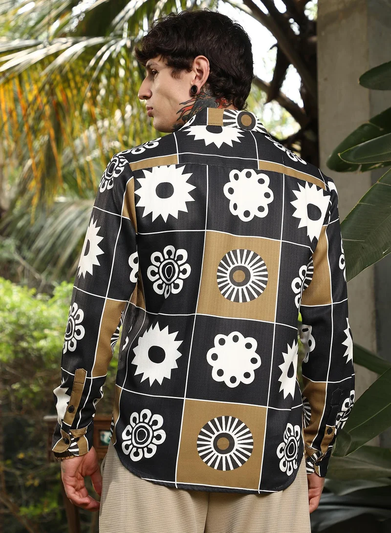 Campus Sutra Men's Midnight Black & Chocolate Brown Bloom-Bloc Shirt For Casual Wear | Spread Collar | Long Cuffed Sleeves | Button Closure | Shirt Crafted With Comfort Fit For Everyday Wear