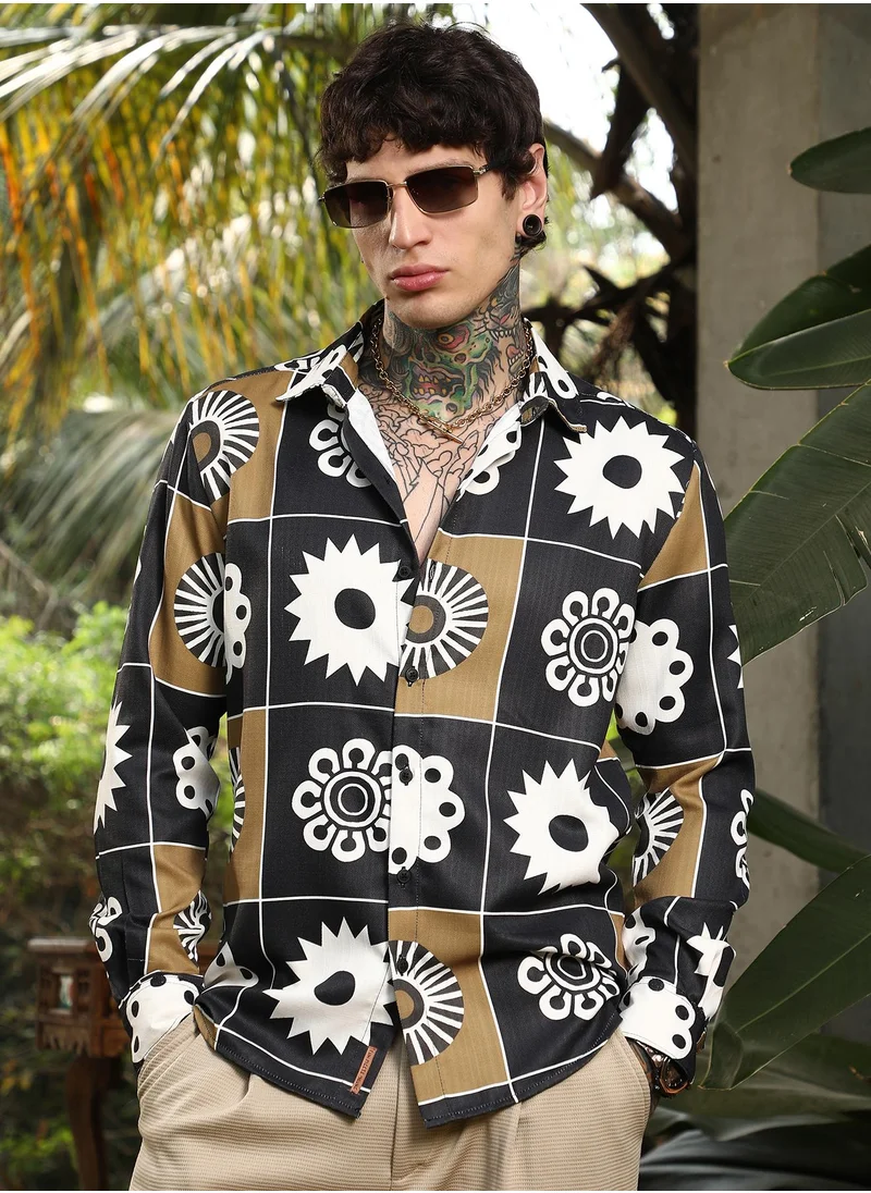 كامبوس سوترا Men's Midnight Black & Chocolate Brown Bloom-Bloc Shirt For Casual Wear | Spread Collar | Long Cuffed Sleeves | Button Closure | Shirt Crafted With Comfort Fit For Everyday Wear
