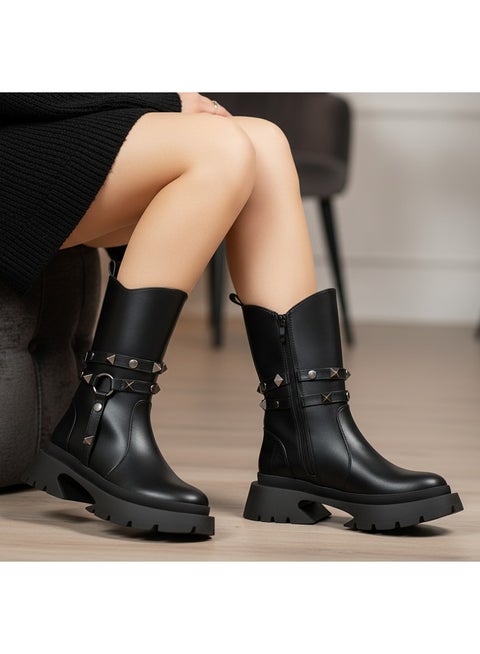 حذاء كاحل من الجلد أنيق مع إكسسوارات E-103 - أسود