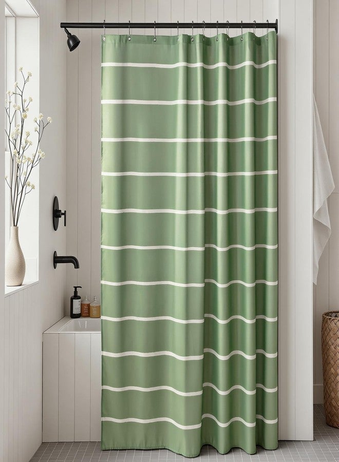 Treory Striped Shower Curtain Set: Sage Green Shower Curtain with Beige Stripes, Olive Printed Plaid Pattern Waterproof Fabric with Hooks, Modern Farmhouse Home Decor for Bathroom, 72" x 72" - Image 1