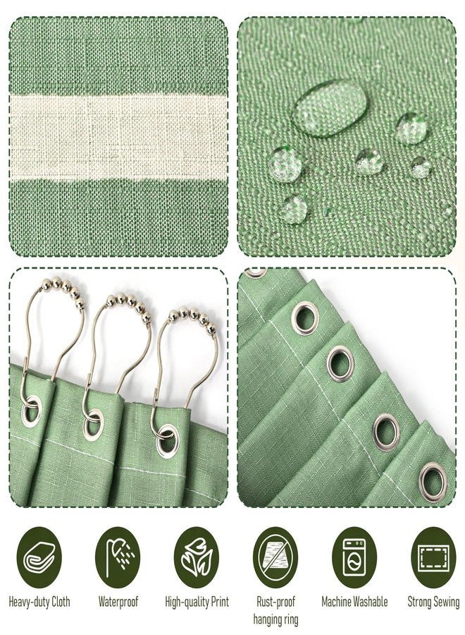 Treory Striped Shower Curtain Set: Sage Green Shower Curtain with Beige Stripes, Olive Printed Plaid Pattern Waterproof Fabric with Hooks, Modern Farmhouse Home Decor for Bathroom, 72" x 72" - Image 3