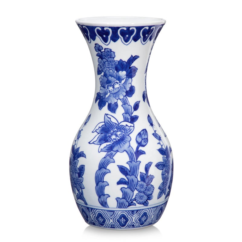 Villa Como Blue and White Ceramic Vase, 11 Inch Tall Flower Vase in Floral Pattern, Large Retro Chinoiserie Vase Decor Side Table Centerpiece Living Room Bookshelf, Antique Grand Millennial Decor - Image 1