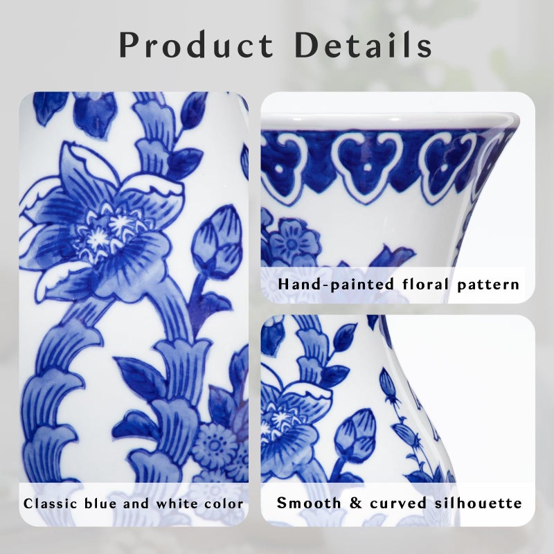 Villa Como Blue and White Ceramic Vase, 11 Inch Tall Flower Vase in Floral Pattern, Large Retro Chinoiserie Vase Decor Side Table Centerpiece Living Room Bookshelf, Antique Grand Millennial Decor - Image 3