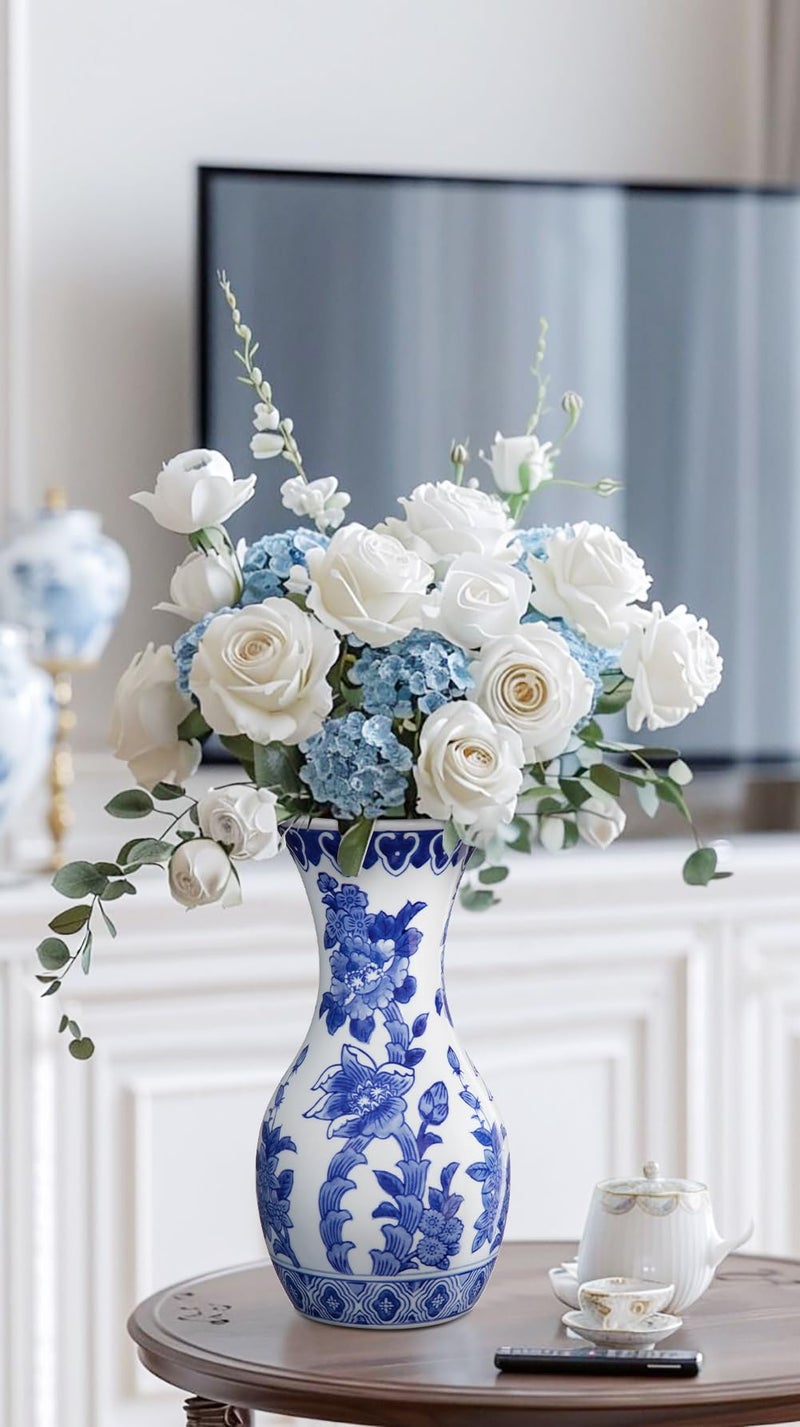 Villa Como Blue and White Ceramic Vase, 11 Inch Tall Flower Vase in Floral Pattern, Large Retro Chinoiserie Vase Decor Side Table Centerpiece Living Room Bookshelf, Antique Grand Millennial Decor - Image 5