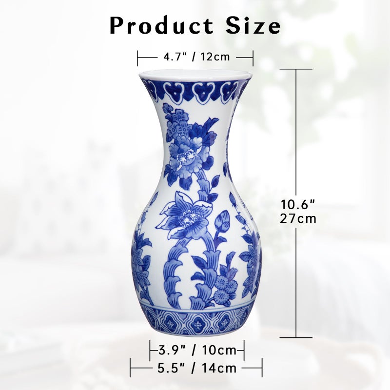 Villa Como Blue and White Ceramic Vase, 11 Inch Tall Flower Vase in Floral Pattern, Large Retro Chinoiserie Vase Decor Side Table Centerpiece Living Room Bookshelf, Antique Grand Millennial Decor - Image 2