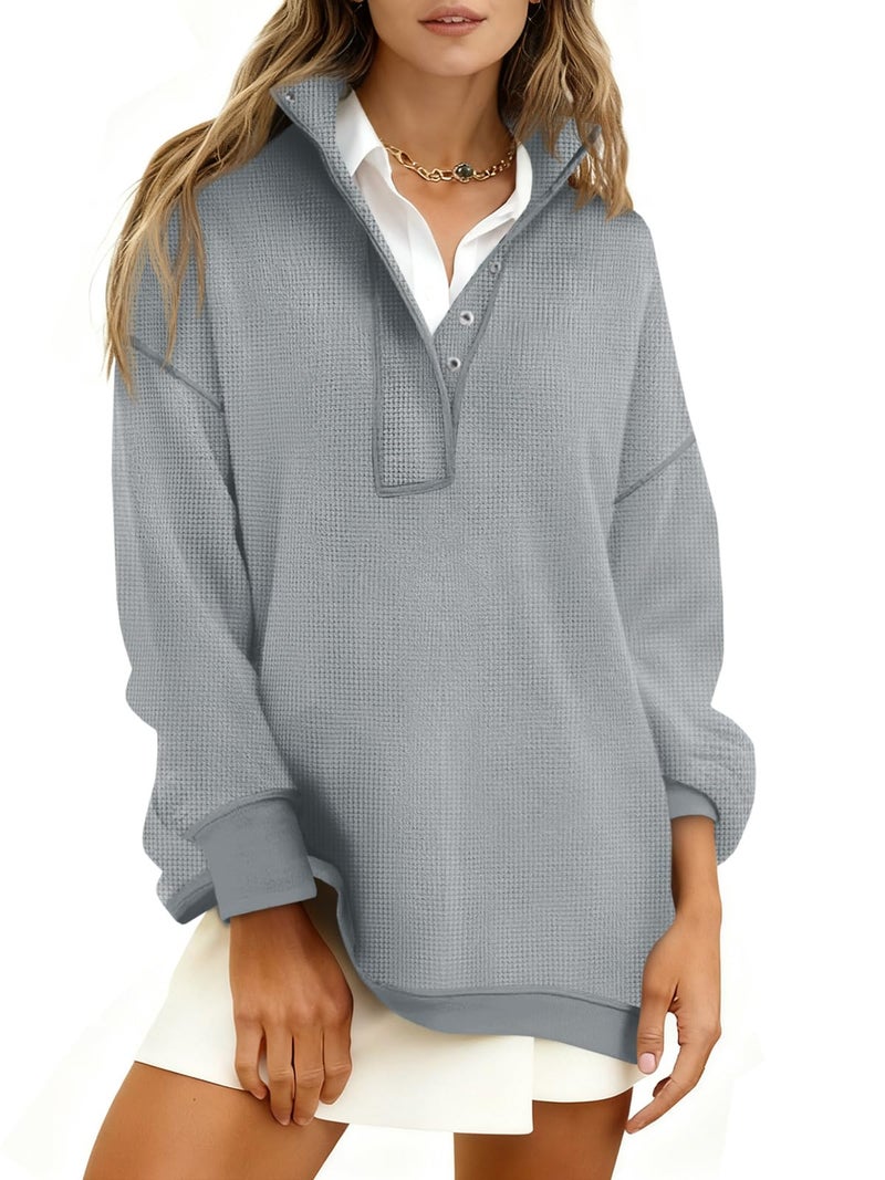 Fisoew Womens Waffle Knit Oversized Sweatshirt Casual Snap Stand Collar Long Sleeve Pullover Tops Fall Travel Outfits Grey - Image 1