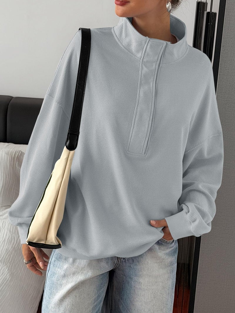 Fisoew Womens Waffle Knit Oversized Sweatshirt Casual Snap Stand Collar Long Sleeve Pullover Tops Fall Travel Outfits Grey - Image 4