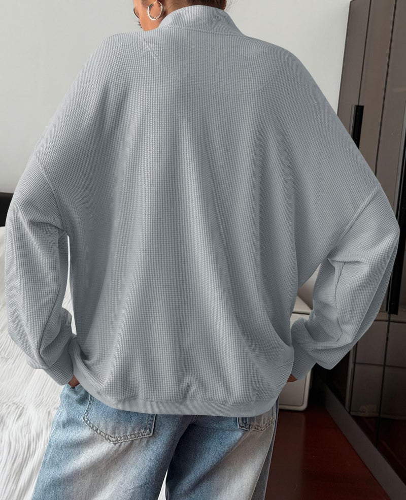 Fisoew Womens Waffle Knit Oversized Sweatshirt Casual Snap Stand Collar Long Sleeve Pullover Tops Fall Travel Outfits Grey - Image 5