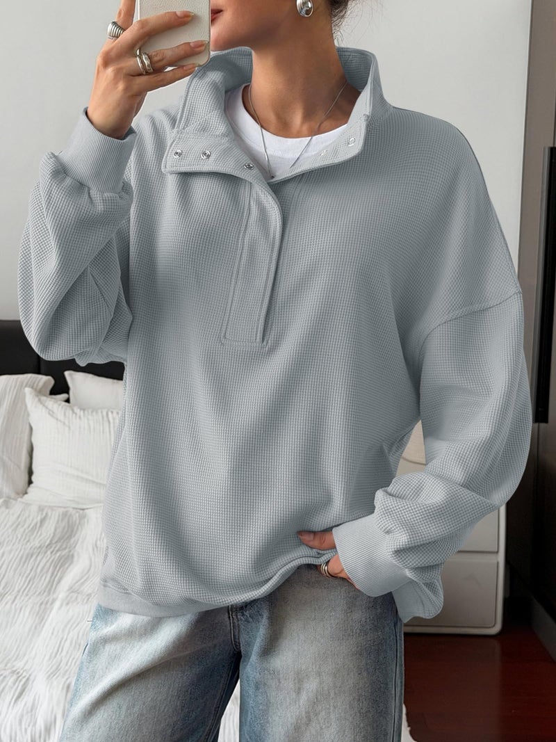 Fisoew Womens Waffle Knit Oversized Sweatshirt Casual Snap Stand Collar Long Sleeve Pullover Tops Fall Travel Outfits Grey - Image 2