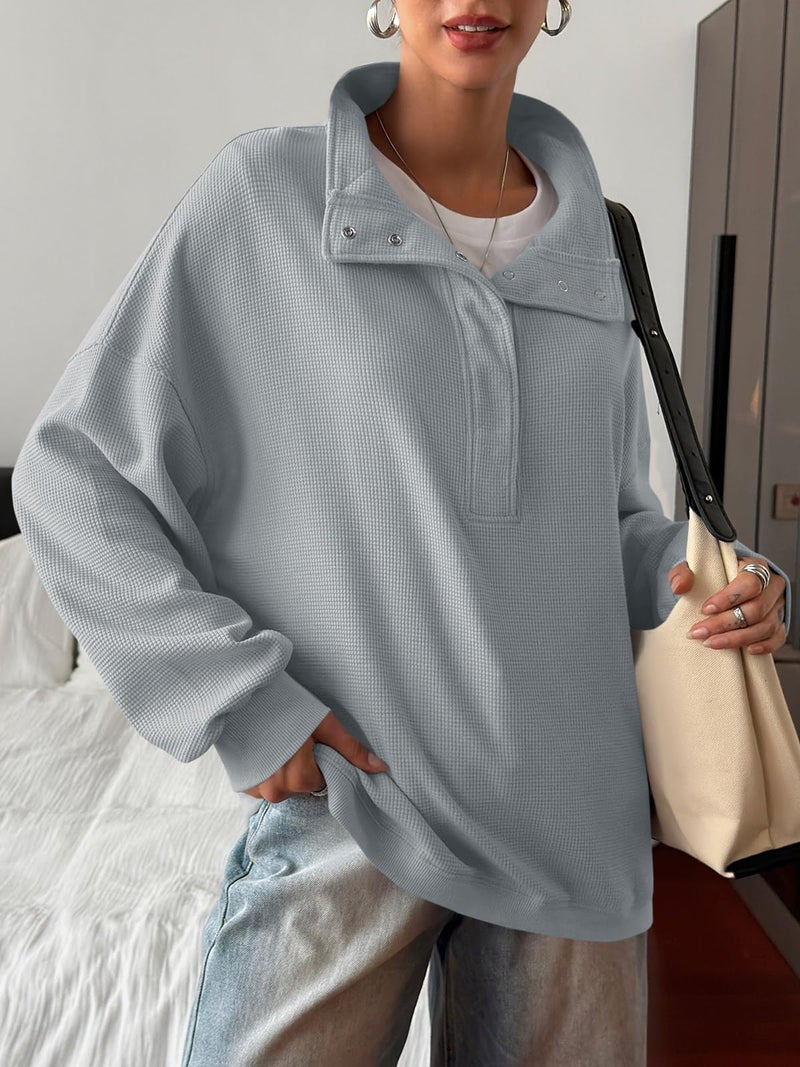 Fisoew Womens Waffle Knit Oversized Sweatshirt Casual Snap Stand Collar Long Sleeve Pullover Tops Fall Travel Outfits Grey - Image 3