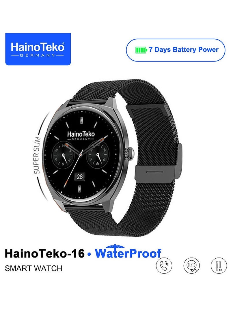 Haino Teko HainoTeko-16 Ultra Slim Waterproof Smart Watch With AMOLED Display Bluetooth Calling 3 Pair Straps and Charging Cable Designed for Ladies and Gents Black - Image 2