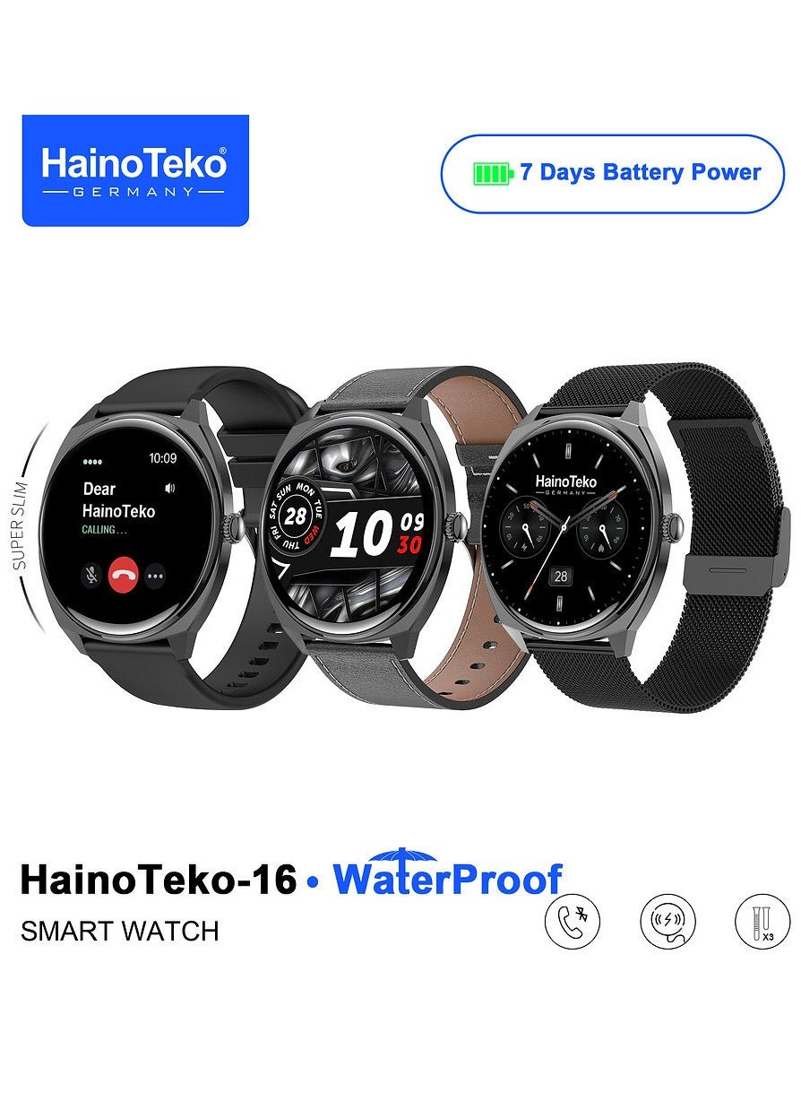 Haino Teko HainoTeko-16 Ultra Slim Waterproof Smart Watch With AMOLED Display Bluetooth Calling 3 Pair Straps and Charging Cable Designed for Ladies and Gents Black