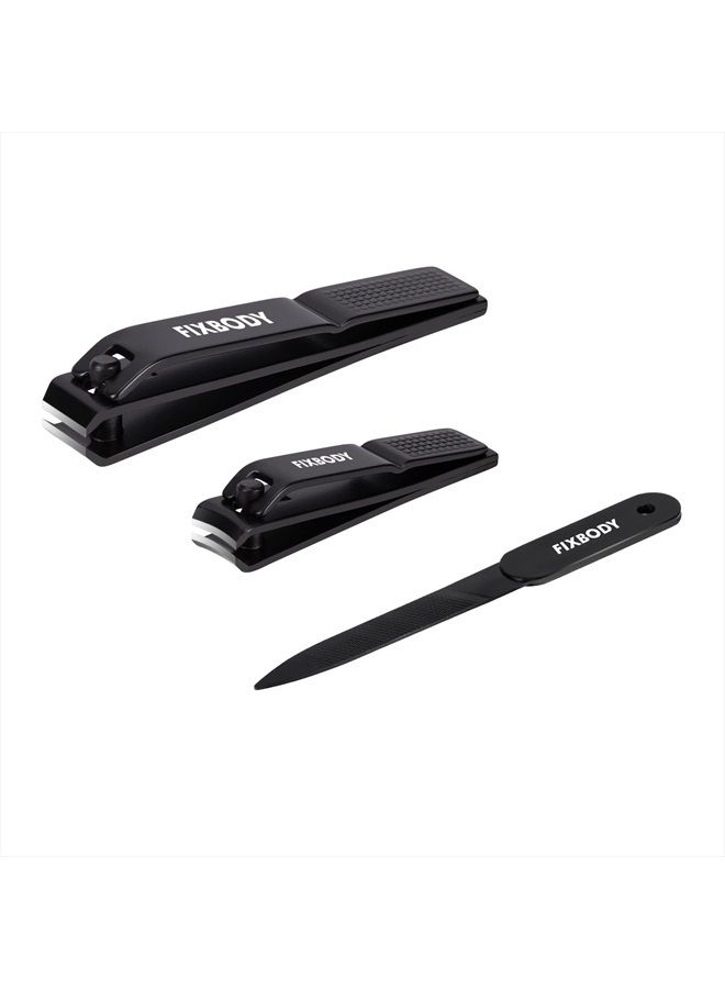 FIXBODY Nail Clipper Set – Black Stainless Steel Fingernails & Toenails Clippers & Nail File Sharp Nail Cutter with Leather Case, Gift for Men and Women, Set of 3 - Image 1