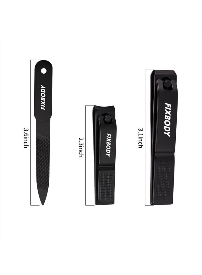 FIXBODY Nail Clipper Set – Black Stainless Steel Fingernails & Toenails Clippers & Nail File Sharp Nail Cutter with Leather Case, Gift for Men and Women, Set of 3 - Image 2