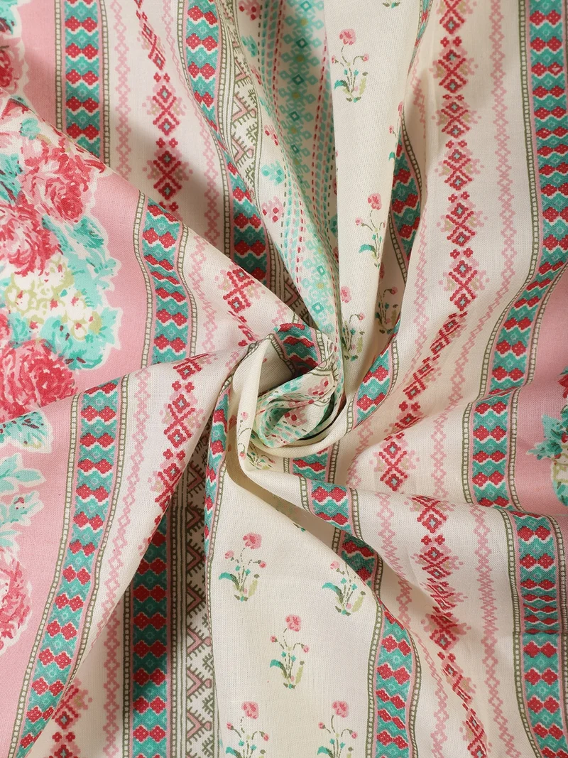 أيه كيه إس Floral Border Print Fabric in Pink and White