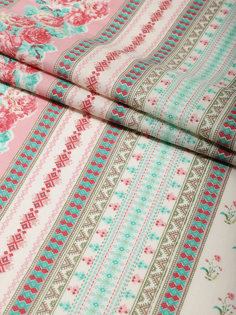 أيه كيه إس Floral Border Print Fabric in Pink and White