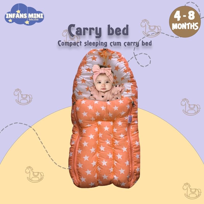 Infans Mini 3 in 1 Babys Cotton Carry Bed with Thick Mattress Portable Unisex Sleeping Bag for 48 Months BabiesMegaPortable Bed Cum Carry BedPrinted Baby Sleeping Bed Star Orange - Image 4
