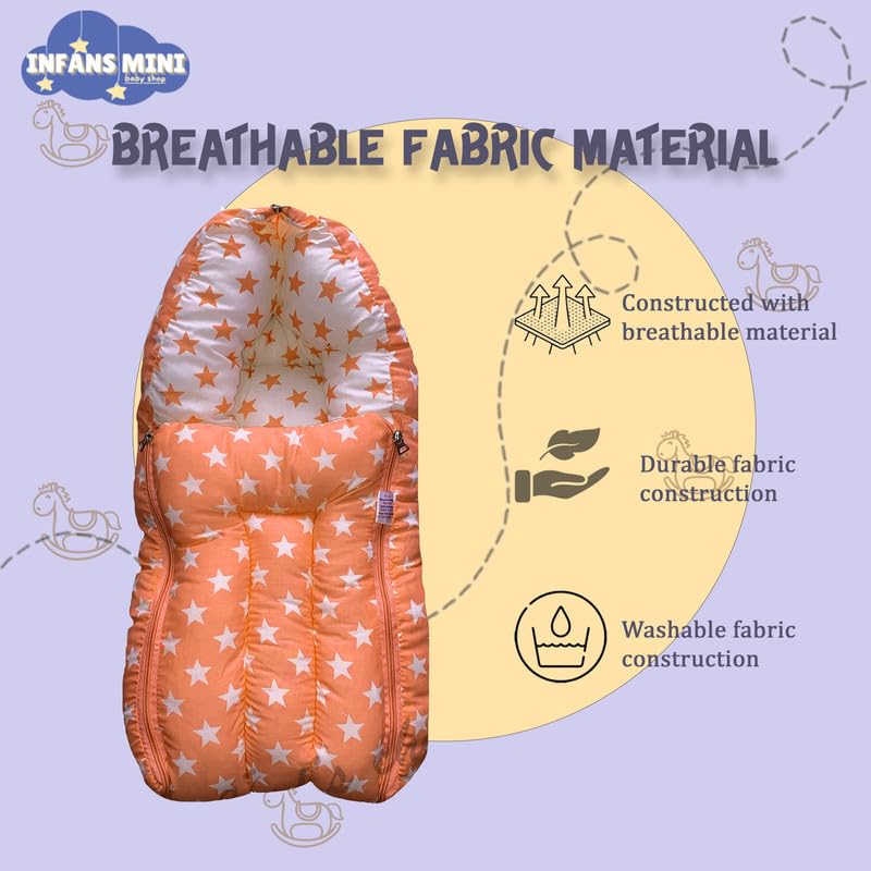 Infans Mini 3 in 1 Babys Cotton Carry Bed with Thick Mattress Portable Unisex Sleeping Bag for 48 Months BabiesMegaPortable Bed Cum Carry BedPrinted Baby Sleeping Bed Star Orange - Image 5