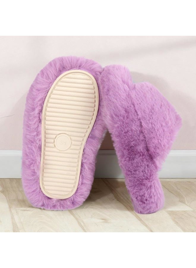 KOUECI Girls Fuzzy Plush Slippers丨Kids Open Toe Fluffy Memory Foam Slippers丨Slip on Warm Soft Furry Slides Indoor Outdoor House Shoes, Purple, 11 Little Kid - Image 3