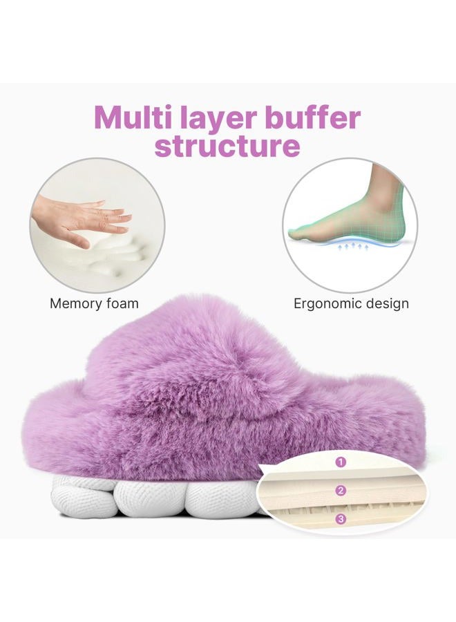 KOUECI Girls Fuzzy Plush Slippers丨Kids Open Toe Fluffy Memory Foam Slippers丨Slip on Warm Soft Furry Slides Indoor Outdoor House Shoes, Purple, 11 Little Kid - Image 4