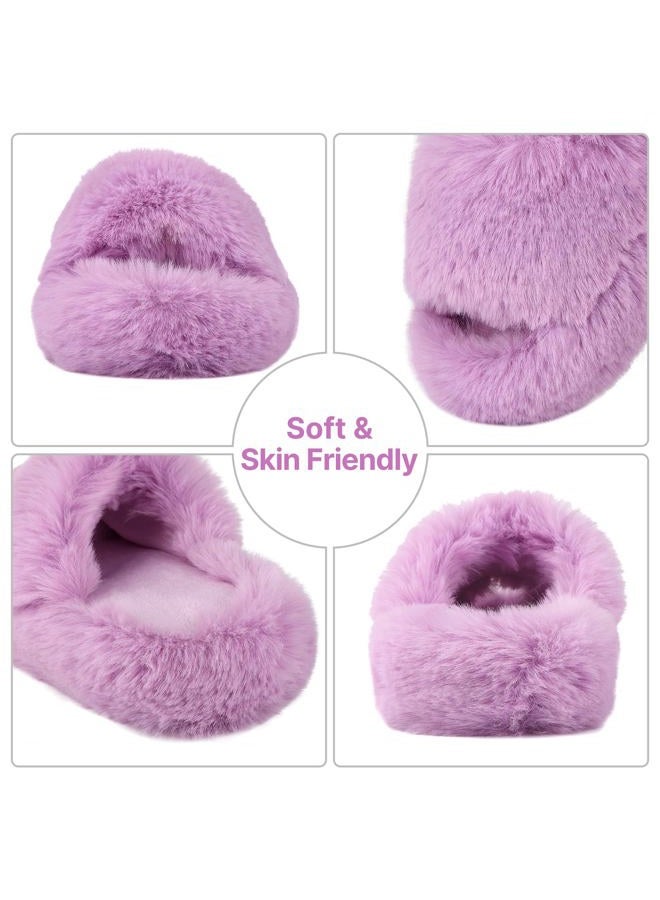 KOUECI Girls Fuzzy Plush Slippers丨Kids Open Toe Fluffy Memory Foam Slippers丨Slip on Warm Soft Furry Slides Indoor Outdoor House Shoes, Purple, 11 Little Kid - Image 5