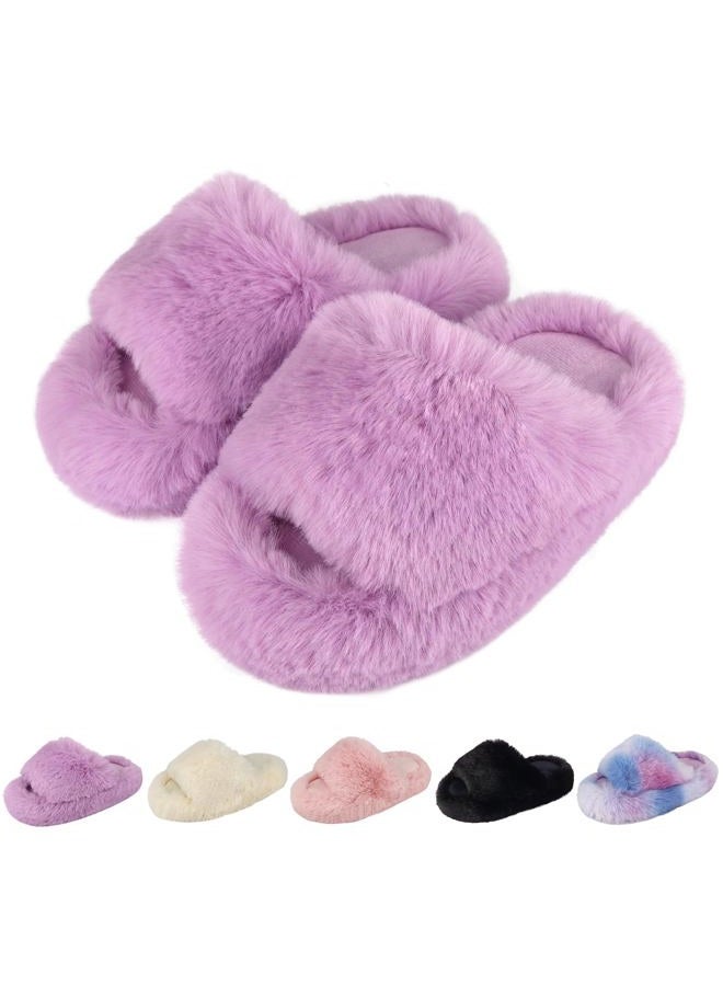KOUECI Girls Fuzzy Plush Slippers丨Kids Open Toe Fluffy Memory Foam Slippers丨Slip on Warm Soft Furry Slides Indoor Outdoor House Shoes, Purple, 11 Little Kid - Image 1