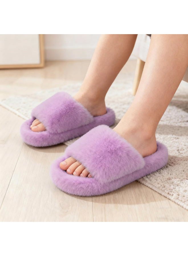 KOUECI Girls Fuzzy Plush Slippers丨Kids Open Toe Fluffy Memory Foam Slippers丨Slip on Warm Soft Furry Slides Indoor Outdoor House Shoes, Purple, 11 Little Kid - Image 2