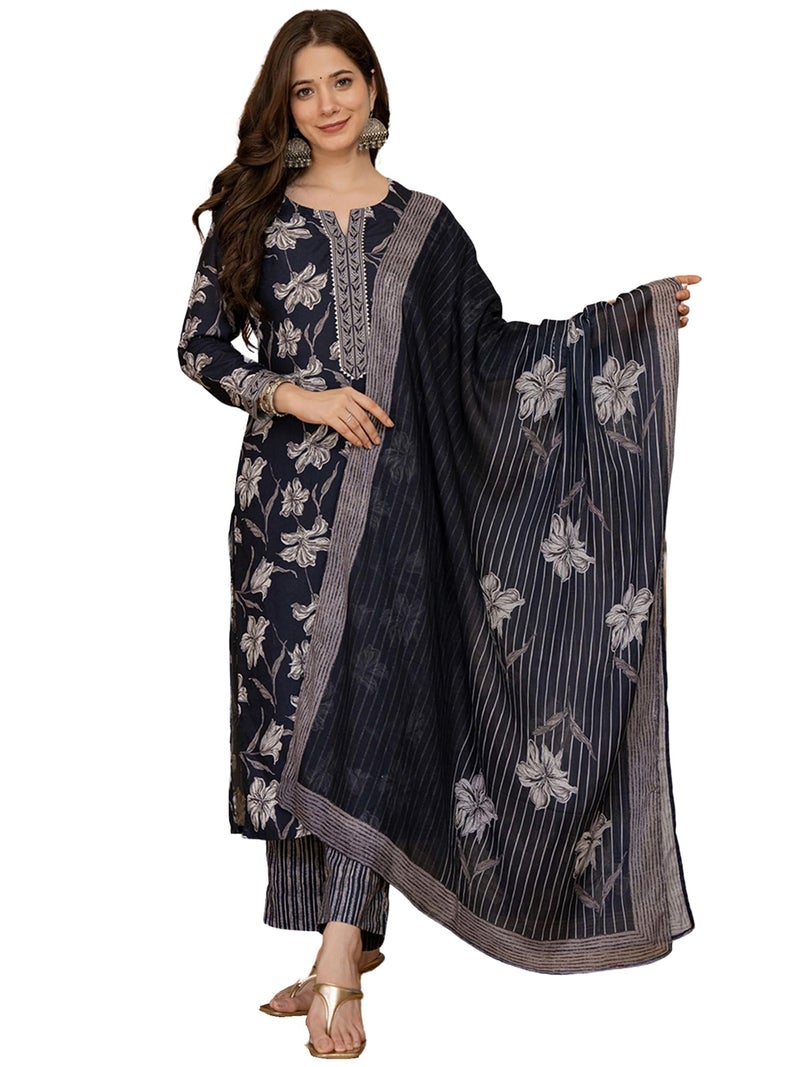 Vaamsi Women's Floral Straight Printed Kurta Pant With Dupatta Set (VKSKD2267_XS_Black) - Image 5