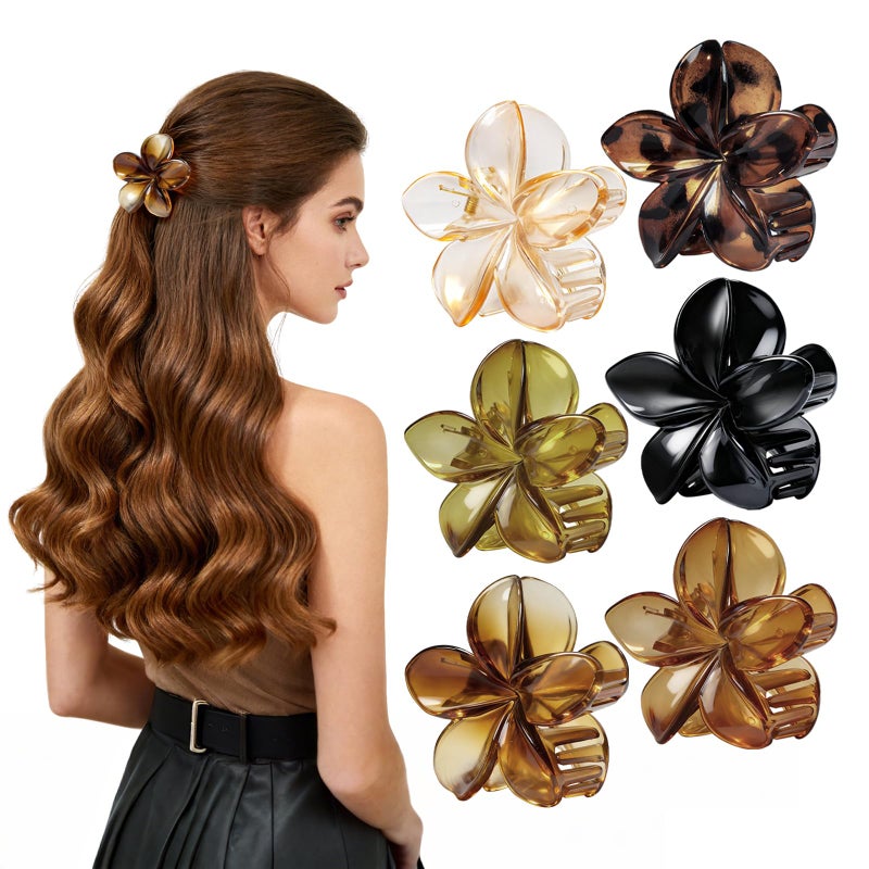 HSEM Hawaiian Flower Hair Clips for Women, Tropical Plumeria Hibiscus Claw Clips for Thick/Thin Hair, Non-Slip Large Hair Claws for Women Girls, Beach Vacation Hair Accessories 6 Pcs - Image 1