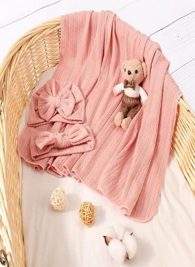 iMissiu Newborn Swaddle Set with Matching Hat and Headband, Receiving Headband Blankets Muslin Baby Swaddle Blankets Stretchy Baby Blankets for Girls and Boys - Image 3