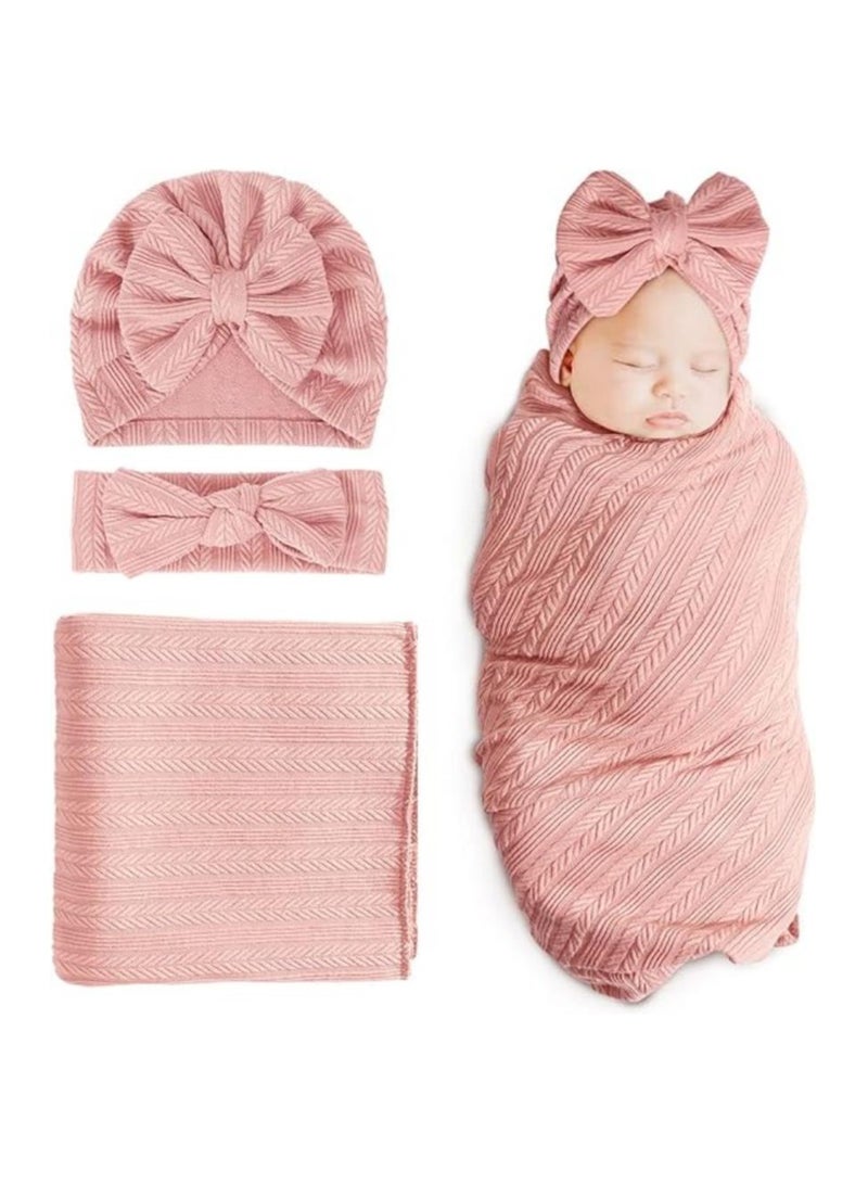 iMissiu Newborn Swaddle Set with Matching Hat and Headband, Receiving Headband Blankets Muslin Baby Swaddle Blankets Stretchy Baby Blankets for Girls and Boys - Image 1