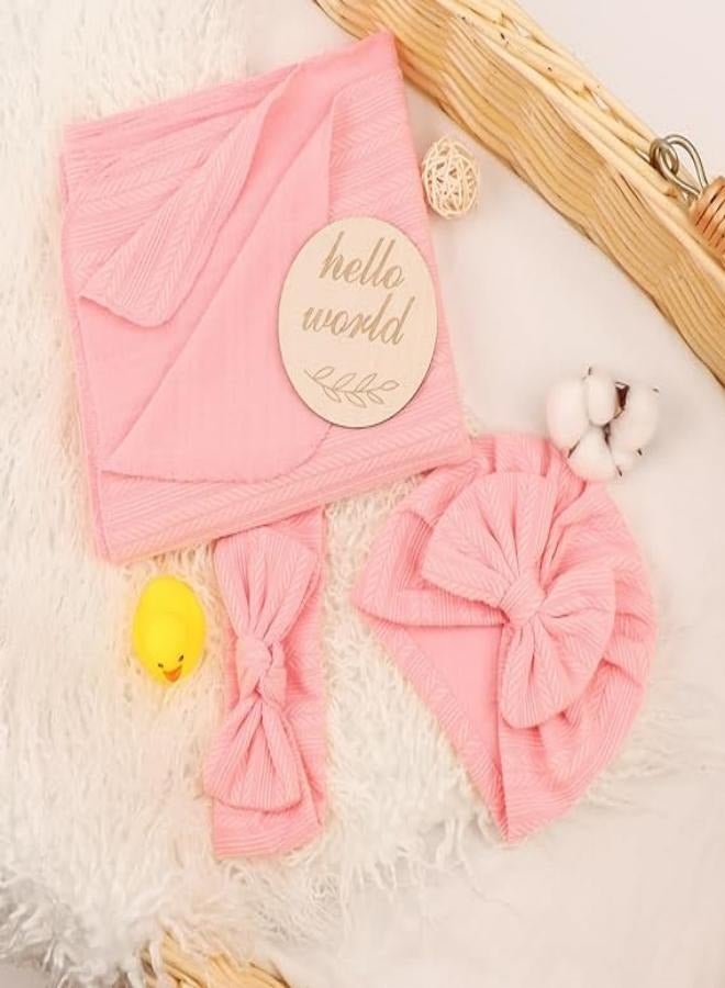 iMissiu Newborn Swaddle Set with Matching Hat and Headband, Receiving Headband Blankets Muslin Baby Swaddle Blankets Stretchy Baby Blankets for Girls and Boys - Image 5
