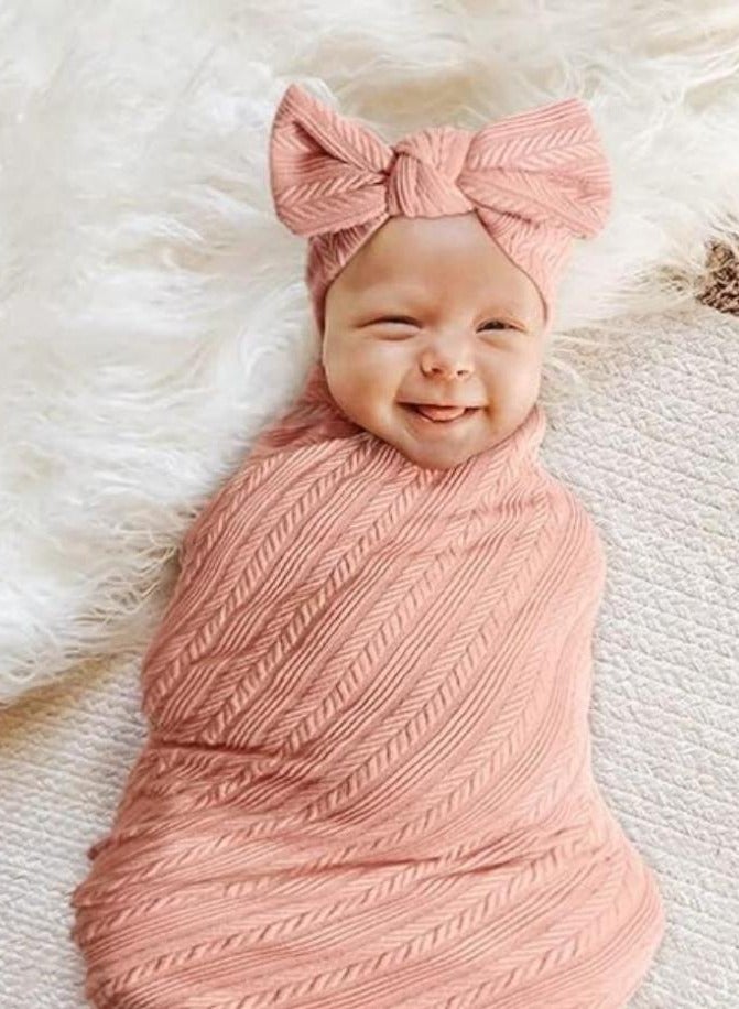 iMissiu Newborn Swaddle Set with Matching Hat and Headband, Receiving Headband Blankets Muslin Baby Swaddle Blankets Stretchy Baby Blankets for Girls and Boys - Image 4