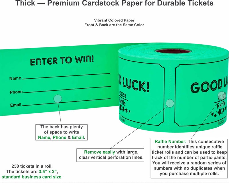 Tacticai 250 Raffle Tickets, Green (1 of 8 Colors), Raffle Cards, Entry Form with Name, Phone & Email for Events, Fundraiser & Prizes - Image 2