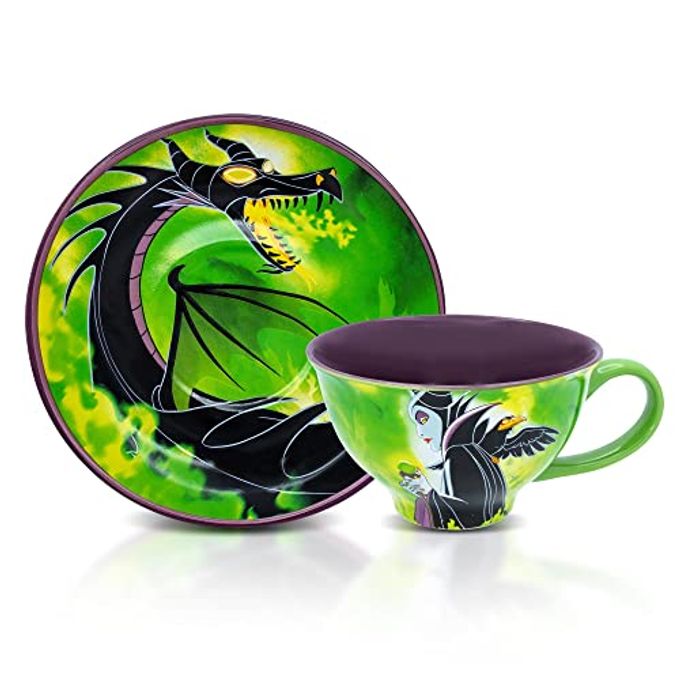 Silver Buffalo Disney Sleeping Beauty Maleficent Ceramic Teacup and Saucer Featuring Maleficent, Diablo, and Maleficent in Dragon Form, 12 Ounces - Image 1
