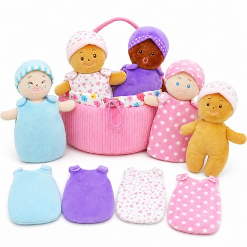 June Garden My First Basket Plush Baby Doll Set Includes 1 Basket and 4 Multicultural Soft Plush Babies with Emotional Expressions for Infants and Toddlers Birth and Up - Image 1